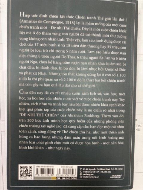Sách đẹp! Đóng gói cẩn thận. Thế chiến 2 luôn là đề tài hấp dẫn. Mình đã đọc nhiều tác phẩm về giai đoạn lịch sử này, nhưng vẫn đặt mua cuốn “Đệ nhị thế chiến “. Một tác phẩm rất đáng đọc cho những người đam mê lịch sử nói chung, lịch sử thế giới nói riêng. Giá sách hơi cao nhưng mình thích nên vẫn mua. Cảm ơn Nhà cung cấp, cảm ơn Tiki!