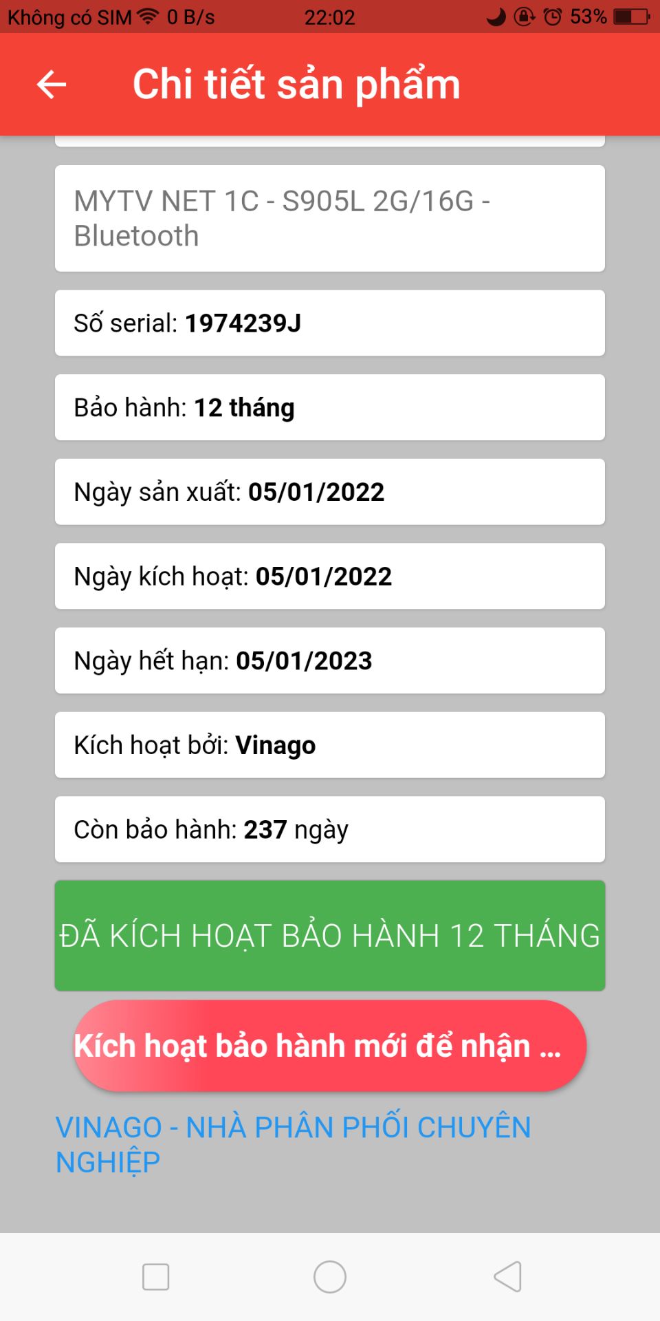 Tôi mua sản phẩm giao vào ngày 12/5/2022. Vào kích hoạt bảo hành thì thấy để là sản phẩm đã kích hoạt từ ngày 5/1/2022. Vậy mà để là bảo hành điện tử 12 tháng chính hãng.