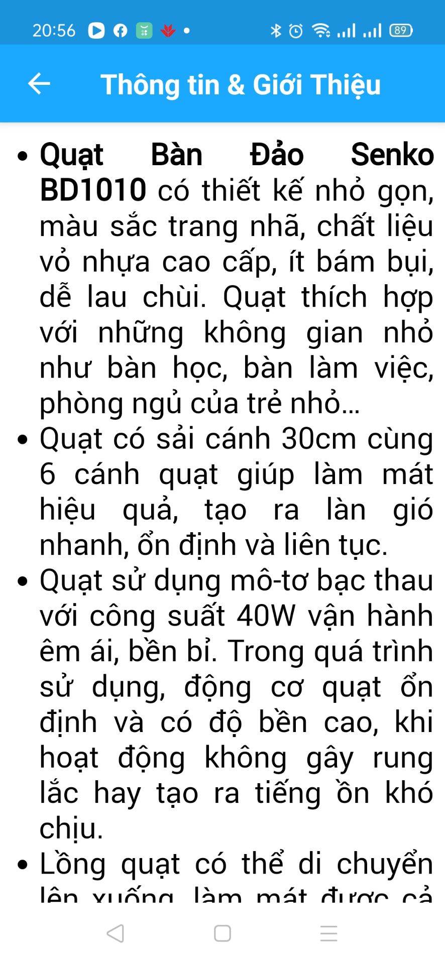 quạt tốc độ gió vừa phải, quạt không run lắc,nhưng tiếng gió mạnh.xoay chiều. có điều trong giới thiệu sản phẩm nói quạt 6cánh, nhưng sản phẩm giao chỉ là 3cánh.yêu cầu nhà bán hàng nên giới thiệu sản phẩm trung thực,đừng quảng cáo *** khiến mất lòng tin.