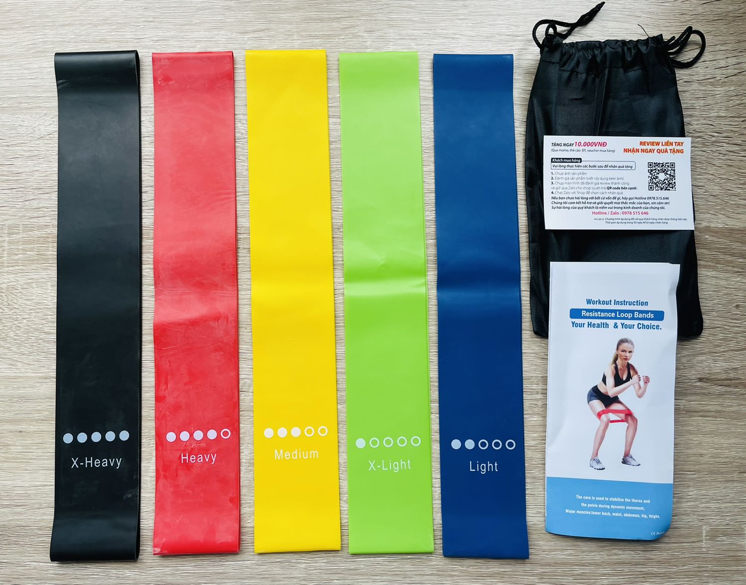Mới đặt vào tối chủ nhật, sáng thứ 2 đã nhận được hàng. Sản phẩm gồm 5 dây theo 5 mức độ khác nhau, phù hợp với người mới tập hoặc tập lâu năm. Trong sản phẩm còn có tờ hướng dẫn tập luyện rất bổ ích.