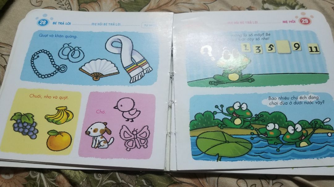 Cuốn này nhỏ gọn, bé dễ mang theo coi ở mọi nơi. Có điều gáy dán dễ bung keo nếu bé mở ra coi nhiều. Với có vài câu hỏi chắc dịch ko sát nghĩa nên cả người lớn mới đọc còn khó hiểu