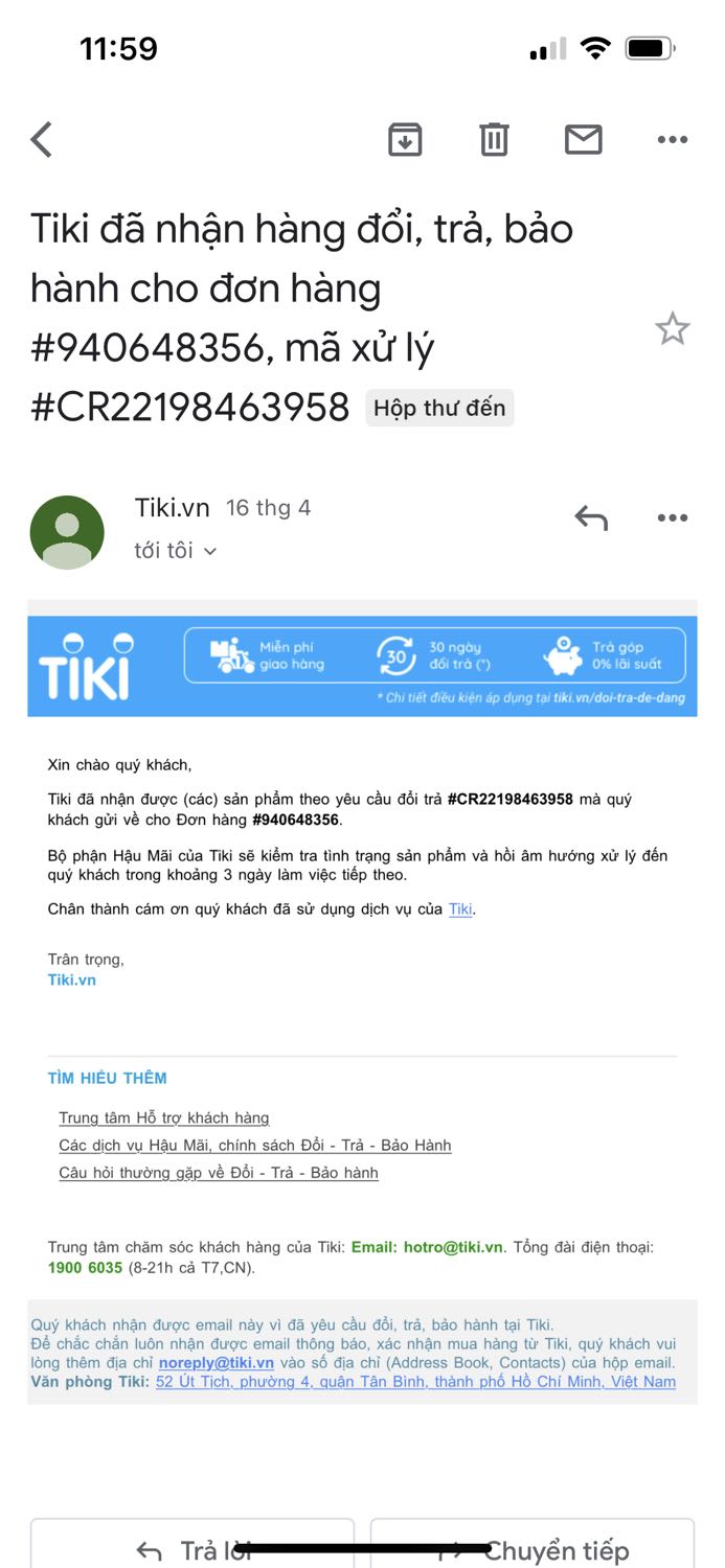 Mình có đặt con chuột từ 12/4 và nhận 16/4 thì chuột bị lỗi mình đổi trả lại trong ngày. Ngày sau tiki gọi điện xác nhận chuột ko lỗi là gửi trả lại mình ok. Nhưng đến hôm nay 7/5 mình vẫn chưa hề nhận dc hàng. Nhắn tin cho tiki vẫn báo là đang xử lý. Quá tệ biết vậy mua chỗ khác vừa có chuột để dùng mà cũng ko bị ngâm tiền lâu như vậy