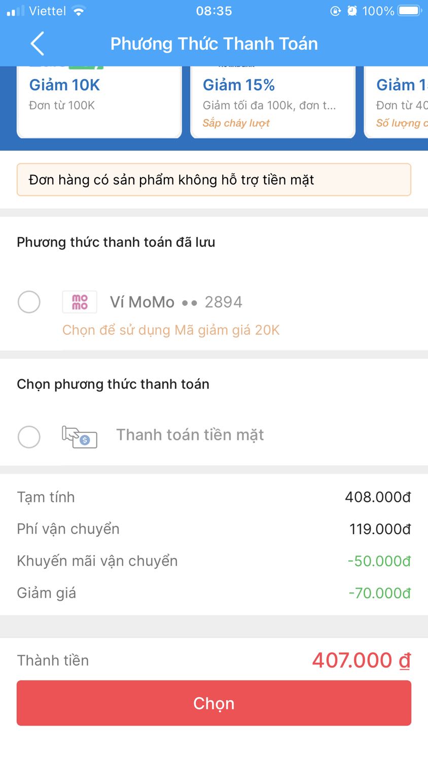 Giá rẻ nhưng đặt hộ người thân thêm 2thùng nữa thì không đặt được. App mua hàng gì kì nhất từng mua. Mua shoppe thì thoải mái còn mua tiki người mua muốn mua nhưng người bán lại không muốn bán
Hình thức thanh toán thì có Momo, Zalopay… nhưng đến lúc thanh toán thì ko có chỗ chọn momo thanh toán , thanh toán tiền mặt khi nhận hàng thì không chọn được. App gì lạ lùng ghê, như này thì chắc nghỉ chơi tiki