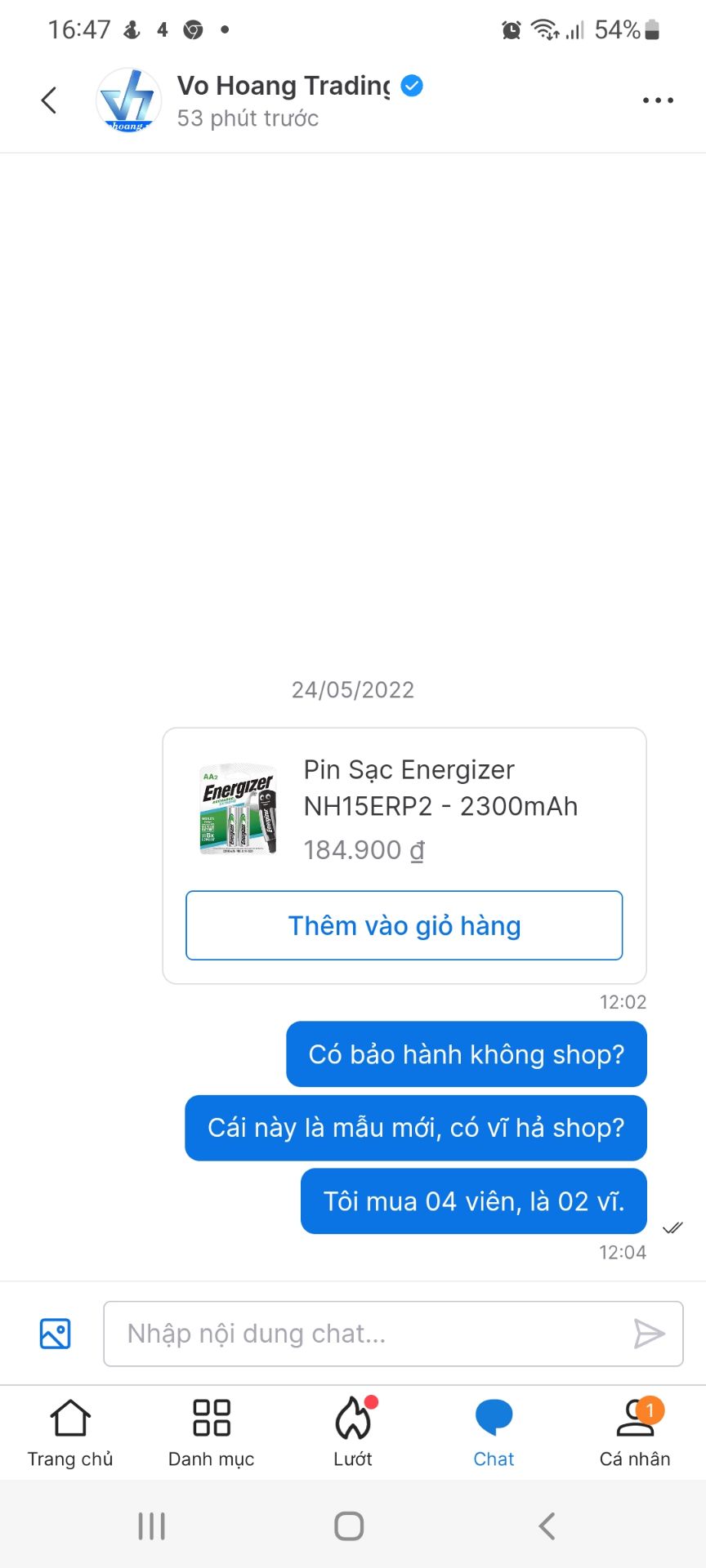 Pin mới nhận, còn trong vĩ. Chưa xài, chưa biết sao. Nhưng shop không trả lời người mua hàng?? Cần gấp, nên tôi cũng mua. Shop bán hàng không tôn trọng khách, bán hàng cũng có văn hóa bán hàng đó.