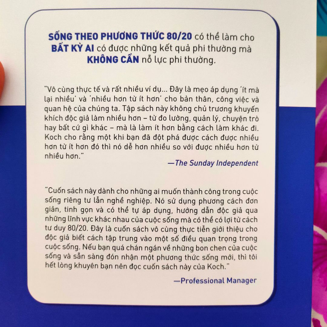 80/20 mình đã từng nghe rất nhiều người nói hay và cũng rất nổi tiếng,sách này ngắn gọn và nội dung không hay lắm