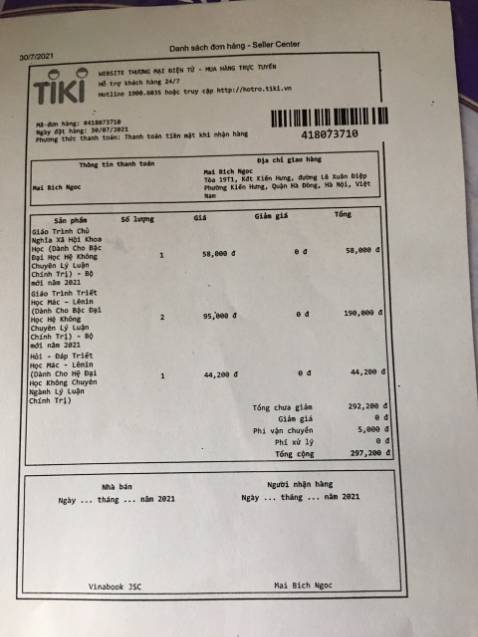 Đơn hàng  mã số: #418073710
tôi có đặt 2 cuốn sách Giaó trình triết học Mác- Lênin nhưng đơn hàng tôi nhận chỉ có 1 cuốn. Đề nghị bên Vinabook JSC kiểm tra lại.

Các cuốn giáo trình chủ nghĩa xã hội khoa học và  Hỏi đáp Triết học Mác- Lênin đủ theo số lượng. Thanks

Liên hệ cho tôi theo số điện thoại: ***. cảm ơn