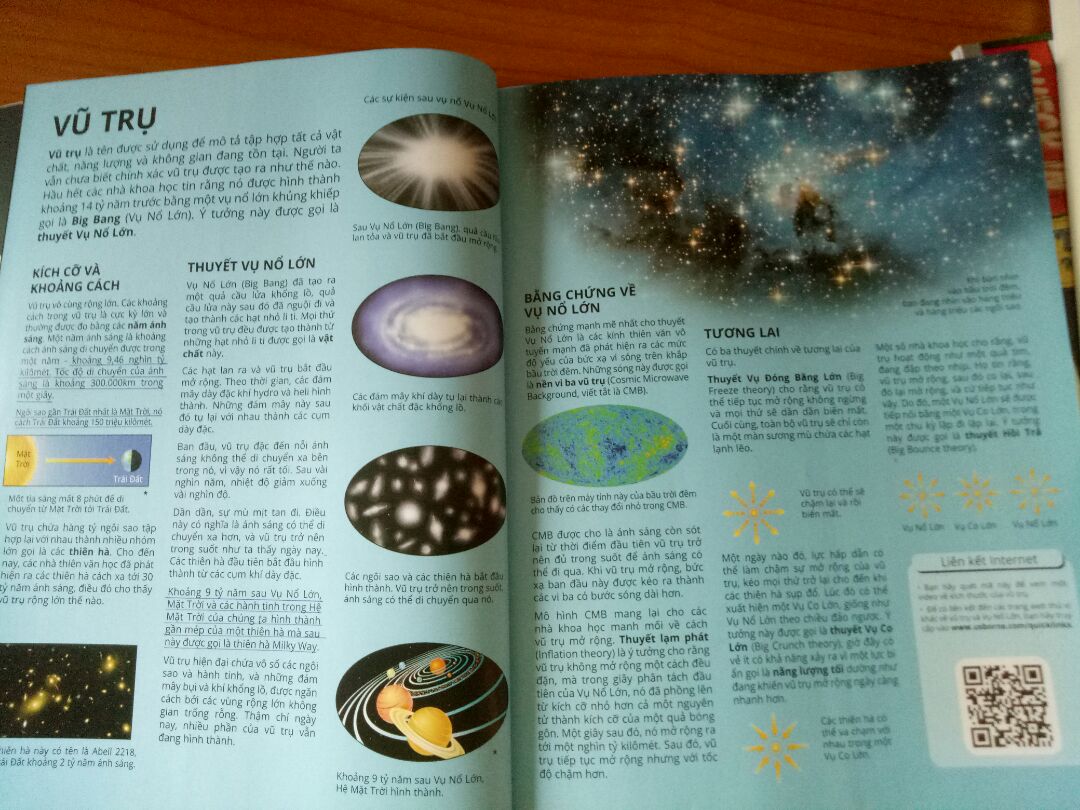 Sách thật sự rất đỉnh, hình ảnh rõ nét, giấy cũng đẹp. Trong sách có đề cập đến vụ nổ Big Bang và khái niệm về "vũ trụ". Tuy nhiên giải thích khá mơ hồ, nhưng cũng không trách sách được vì "vũ trụ" chính là một khái niệm mơ hồ rồi. Nó cho ta rất nhiều kiến thức liên quan đến vũ trụ và Trái Đất thuở sơ khai, sự hình thành của loài người, loài vật. Nói chung, sách rất đáng mua!