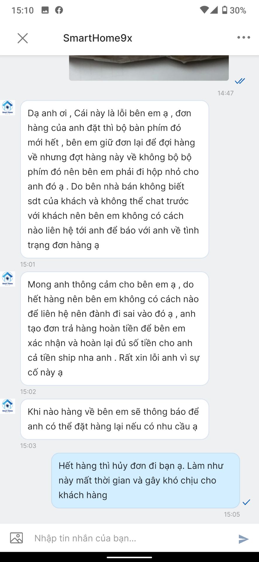 Tôi năm nay 40 tuổi mà mới gặp Shop như thế này lần đầu. Đặt mua bộ bàn phím chuột mà Shop SmartHome9X gửi cho cái vòng tay với ít giấy lộn. Mất bao thời gian chờ hàng rồi cũng chẳng có đồ để dùng.