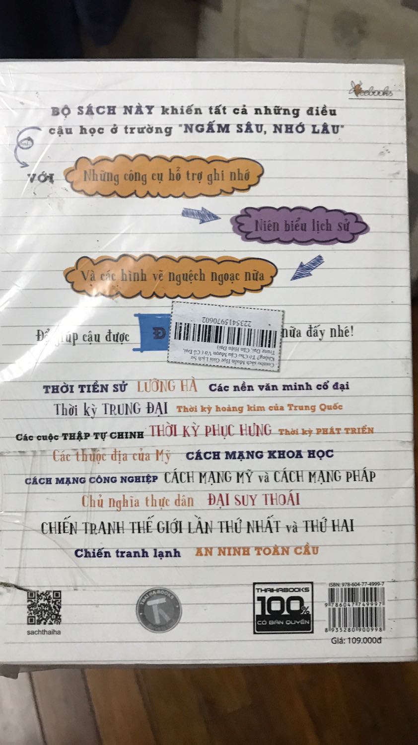 Đây sẽ là bộ sách gối đầu giường của mình về chủ đề lịch sử, viết dưới dạng vở ghi chép, có biểu đồ thời gian, bản đồ và hình minh hoạ màu sắc tươi sáng. Bộ sách gồm 3 cuốn theo trình tự thời gian, sách được bọc màng nilon nguyên vẹn. Mình rất thích bộ sách này.