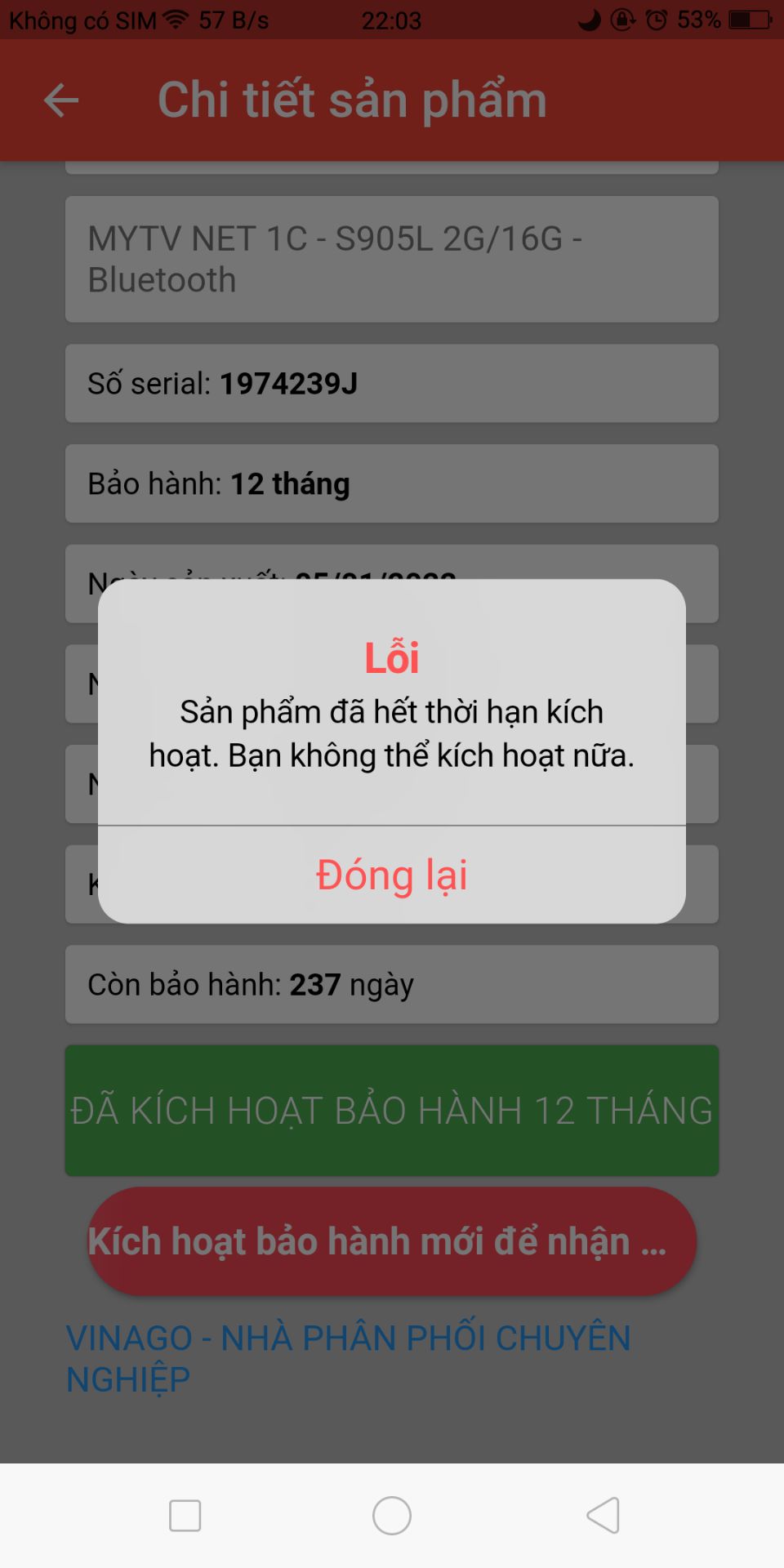 Tôi mua sản phẩm giao vào ngày 12/5/2022. Vào kích hoạt bảo hành thì thấy để là sản phẩm đã kích hoạt từ ngày 5/1/2022. Vậy mà để là bảo hành điện tử 12 tháng chính hãng.