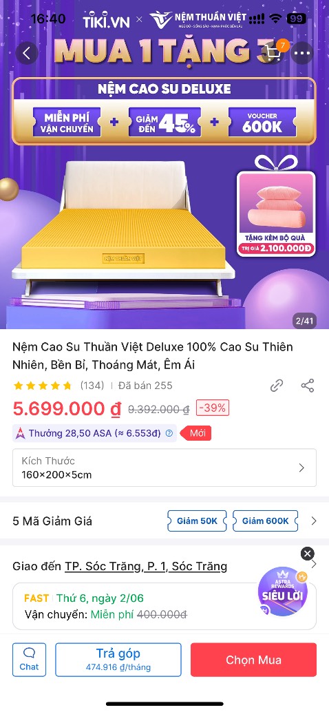 Nhìn sản phẩm khá ổn, do mới nên còn mùi cao su, tuy nhiên trên góc sp có hạt đen ko biết là mụi than hay gì, shop đăng tin khuyến mãi ( trên ảnh ghi có tặng, trong mô tả không có nói mua nệm dày bao nhiêu được tặng, mua rồi không thấy tặng hỏi lại thì mới biết) chưa ghi rõ ràng lắm dễ gây hiểu lầm cho khách hàng