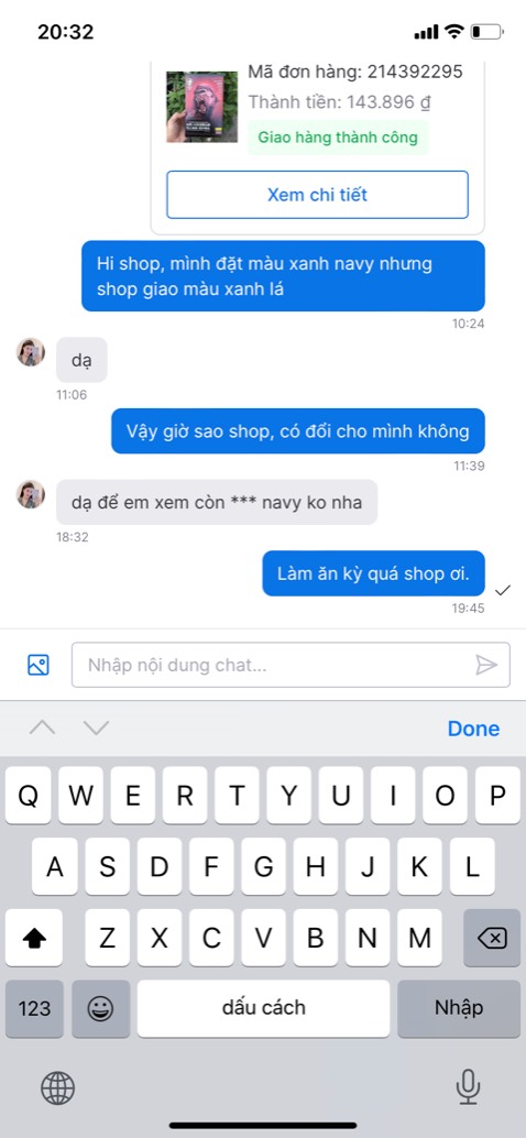 Đặt xanh navy, shop giao xanh lá. Báo shop thì shop trả lời như chuyện của ai, không 1 lời xin lỗi khách