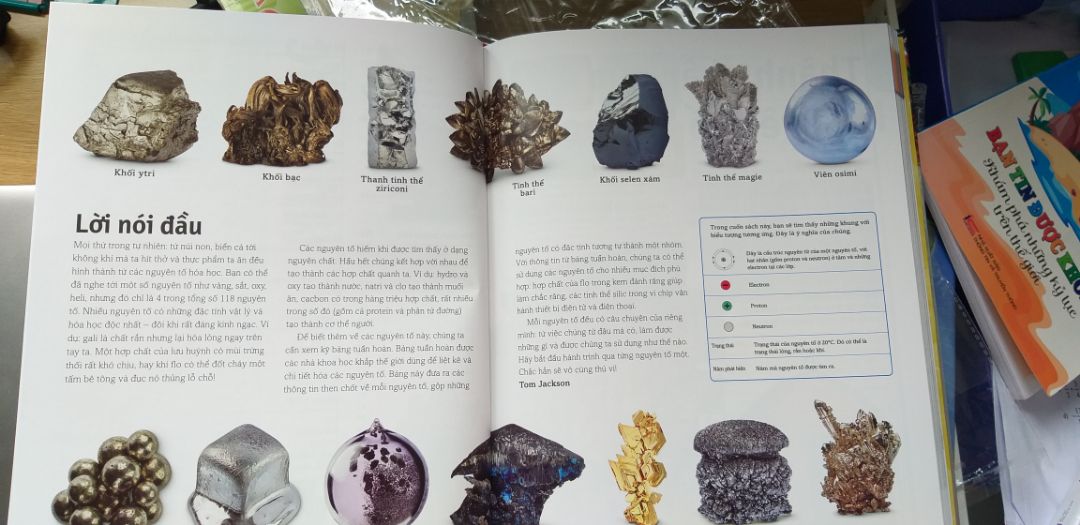 Sách đẹp lắm. Nội dung viết về từng nguyên tố trong bảng tuần hoàn. Khởi đầu cho trẻ tìm hiểu về hóa học.  Có kèm bảng tuần hoàn khổng lồ để trẻ làm quen. Thích nhất là sách rất thơm, không bị bụi mực in như 1 số sách in màu khác.