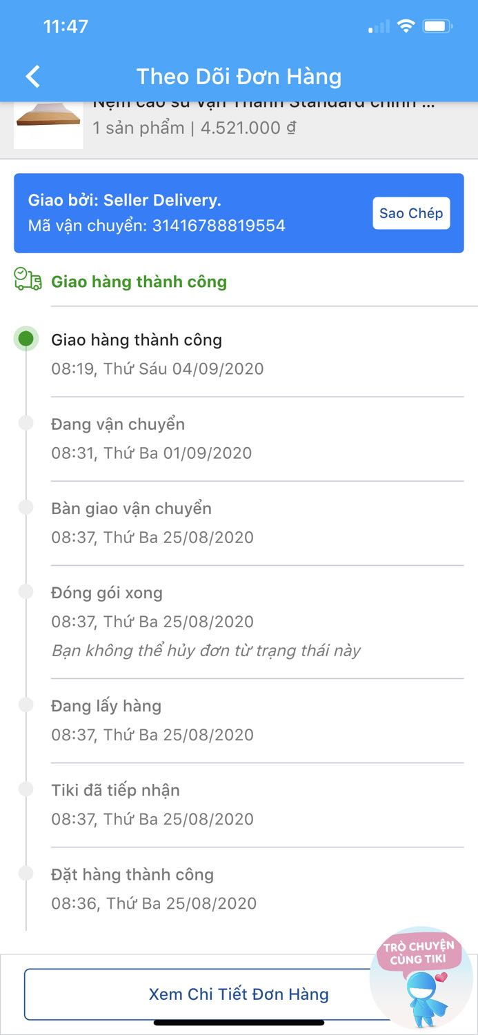 Sản phẩm thì không vấn đề gì nhưng GIAO HANG CỰC KỲ LÂU :11 ngày cho một đơn hàng. Đặt mua từ hôm 25/8 đến chiều ngày 4/9 mới giao hàng, đơn giao ở TPHCM và lúc đầu báo giao trễ nhất là ngày 31/8 ?????. Trong khi ko có cuộc gọi nhỡ, ko có thông tin hoãn giao, gọi tổng đài TIKI thì nói để kiểm tra lại với bên vận chuyển, rồi hỏi khi nào giao cũng ko trả lời được, vài ngày sau mới thấy giao. Mọi người cân nhắc nếu cần mua giao nhanh >