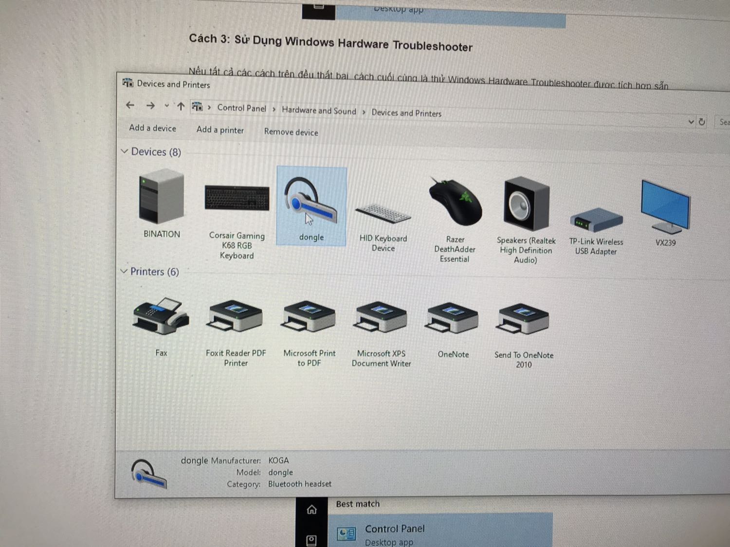 Mình vừa mua sản phẩm, cắm vào máy tính thì máy có bluetooth. Nhưng khi tìm kiếm và ghép đôi với thiết bị khác thì lại không được. Mình đã thử ghép với loa, điện thoại, laptop nhưng không có thiết bị nào ghép thành công cả. Cắm vào máy tính thì usb hiển thị tai nghe bluetooth tên dongle gì đó như hình.