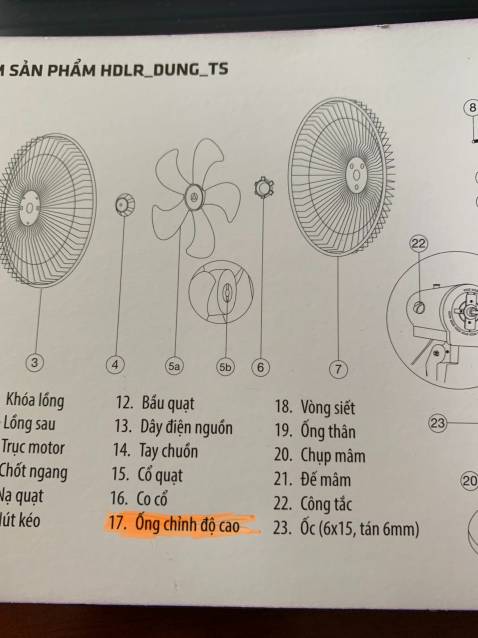 Đóng gói thiếu chi tiết số 17(ống tăng giảm độ cao quạt).