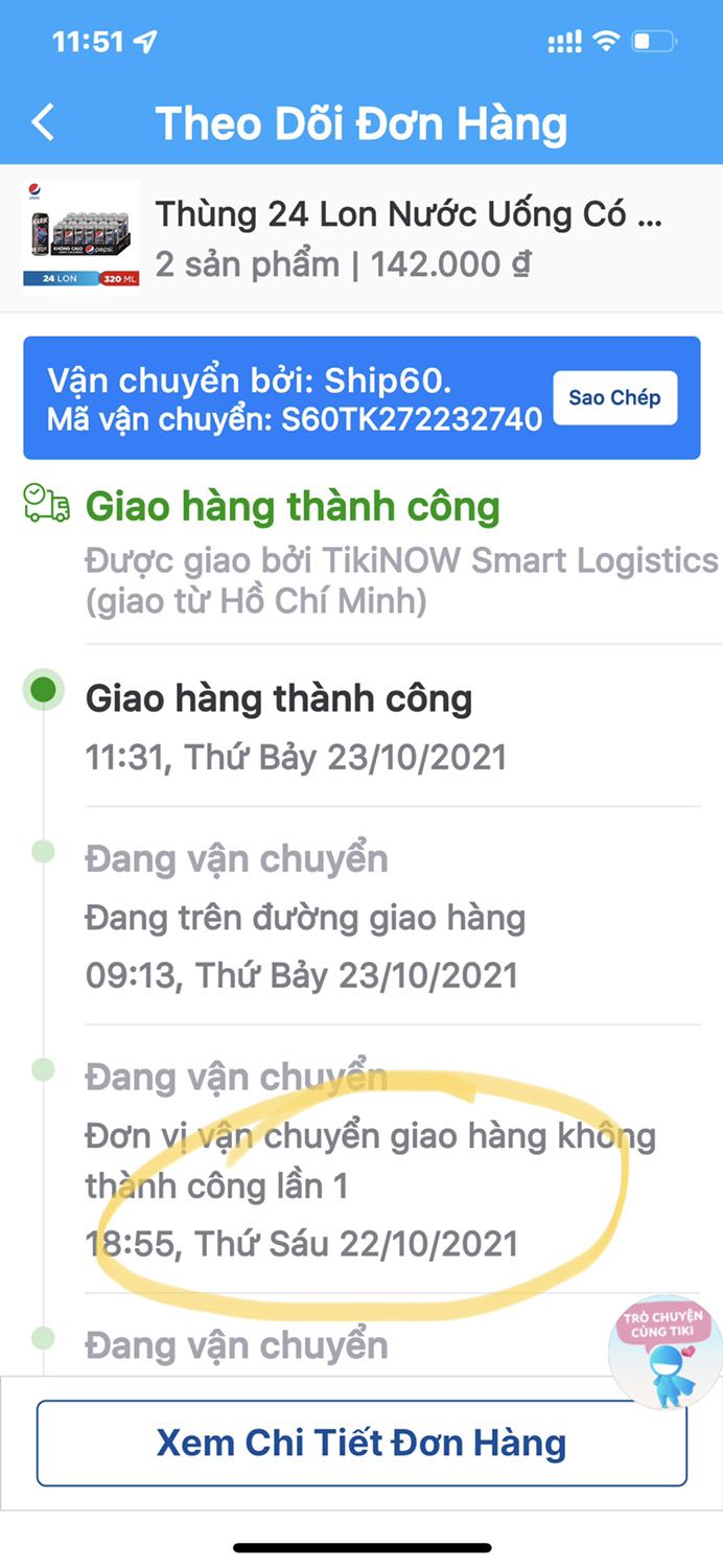 1. Đặt hàng ngày 12.*** đến 23.10.2021 mới giao ( biết là giãn cách do dịch nhưng tphcm đã hoạt động từ ***)
2. Chiều 22.10.2021 lúc 17:31 phút nhân viên giao hàng mới điện thoại hỏi với nội dung: a có đơn hàng từ Tiki a có còn muốn lấy ko? Mình tl ok lấy, Nv trả lời vậy mai e giao. Mình đồng ý. Nhưng tại sao cập Nhật là giao hàng không thành công do ko liên lạc được khách hàng hay khách hàng không bắt máy j đó … 
3. Thùng nước giao bị móp 2 ***, bể nước 1 ***, ướt nguyên thùng