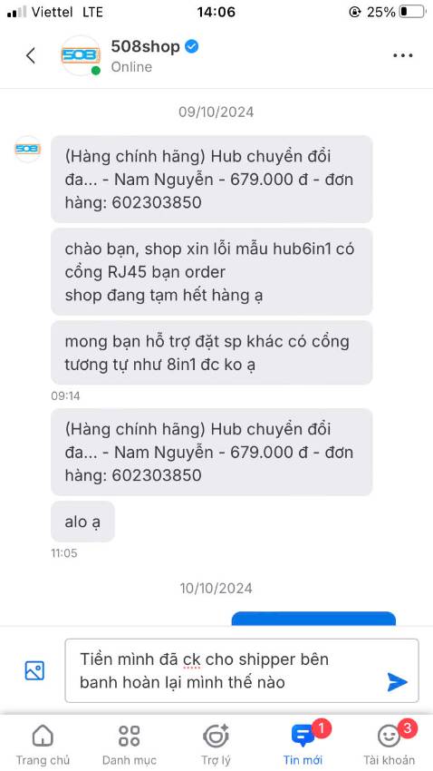 Shop giao hàng không đúng sản phẩm mua