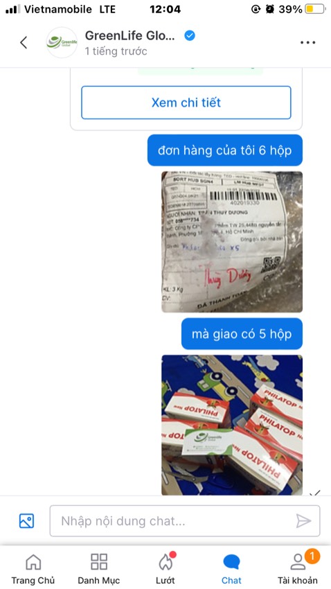 đơn hàng của tôi 6 hộp mà giao 5 hộp nhắn tin cho shop k phản hồi 
chưa khi nào mua hàng trên tiki mà bị như vậy