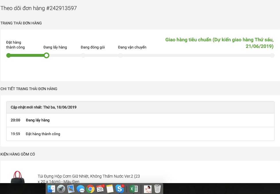 - Mình đặt hàng Ngày 13/6, dự kiến 21/6 giao. Đơn hàng này mình đã thanh toán qua Momo.
- Ngày 21/6 gửi thông báo là sẽ giao trễ 2 ngày, ngày giao dự kiến là 24/6 (Hình 1) 
- Ngày 24/6 vẫn không có động tĩnh gì, đến hôm nay là 28/6 check vẫn thấy trạng thái đang lấy hàng như từ hôm 21/6 đến giờ. (Hình 2: mình cap cả app Calendar ở dưới để thấy ngày) 

Không một lời giải thích, không 1 thông báo nào thêm, không một email xin lỗi, cũng không huỷ đơn của mình. Rốt cuộc Tiki và bên bán là Thành Nam Store muốn làm gì với đơn này? Để mình phải chờ 1 tháng? Hay bao lâu? Hay không giao luôn?