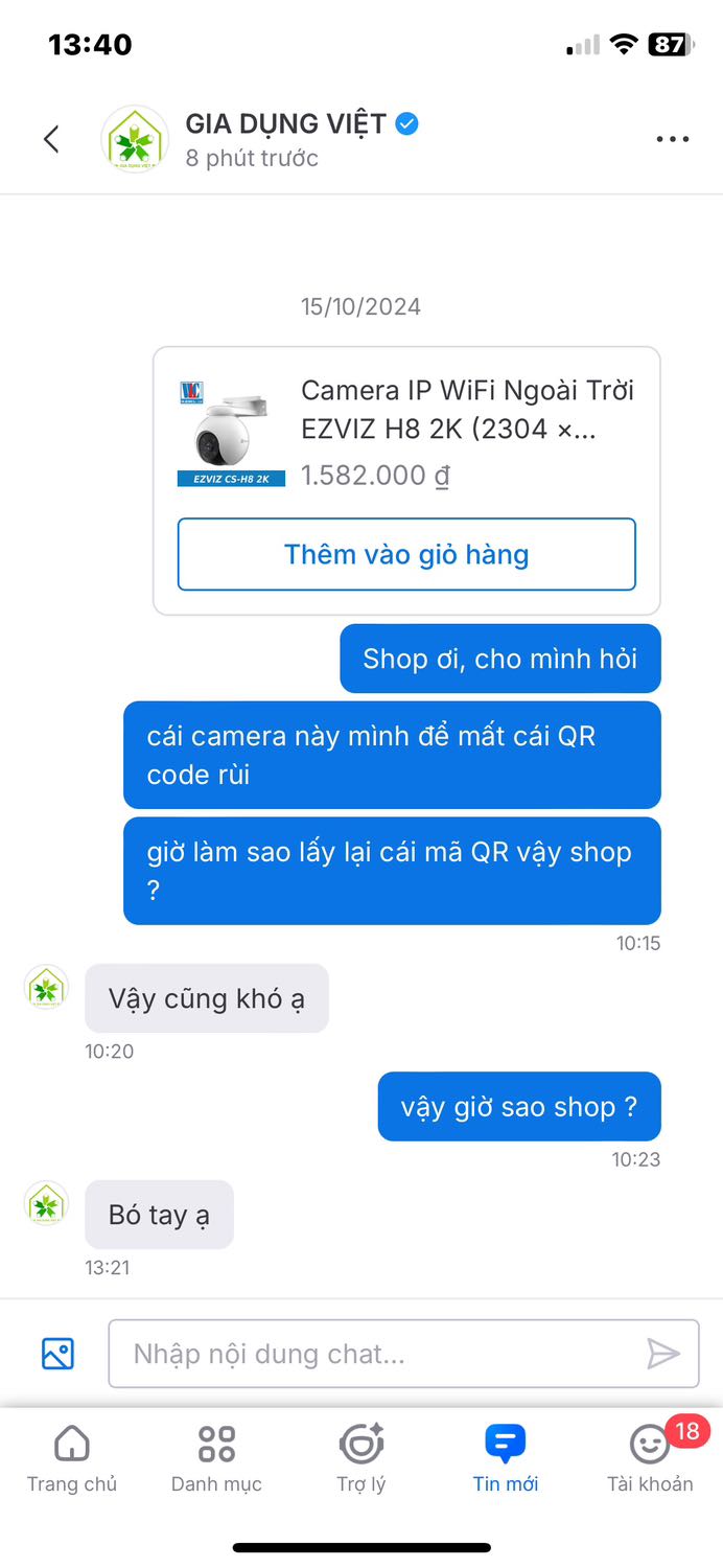 Shop bán hàng mà tư vấn khi khách hàng mất mã QR camera là “bó tay ạ” . Đáng 1 sao