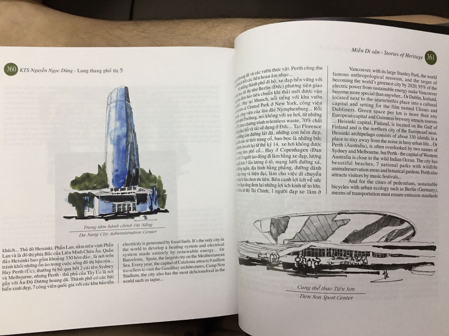 Bọc cẩn thận, giấy in mỏng nên hơi bị lồng hình và chữ ở trang sau nhưng vẫn chấp nhận được. Hình vẽ đẹp tuy nhiên có hình to có hình nhỏ không tạo được cảm giác ấn tượng. Một số hình nhìn như hình tải từ trên mạng về với độ phân giải thấp nên bị vỡ hình và mờ. Bố cục thiết kế tổng thể không tạo được sự ấn tượng. Song ngữ có những lúc lệch nhau chứ không song song. Nội dung thì rất chi tiết nói đến 10 cái lễ, 17 món ăn, 6 bãi biển, 27 điểm du lịch, 29 miền di sản, 9 cái đình, 15 cái chùa, 6 cái làng, 10 cái chợ và 11 cái cầu. Chính vì vậy mà chữ in khá nhỏ. Quyển sách này tuy không phải giáo trình học khô khan nhưng cũng không phải sách văn hoá thưởng thức hay cẩm nang du lịch đọc để giải trí. Giống như cái tên Miền di sản được lấy ra từ một chương đặt làm tựa quyển sách, quyển sách này dành cho những ai thực sự yêu thích tiếng Anh đồng thời yêu thích văn hoá Việt và muốn tìm đến những giá trị dân tộc từ mọi khía cạnh của những nơi mà cuốn sách đề cập đến. Đọc cuốn sách này cần có thời gian rảnh để nghiền ngẫm nên có thể không phù hợp lắm với số đông.