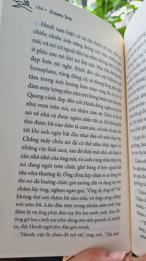 Heidi - cuốn sách viết cho trẻ con và những người yêu trẻ con
Một cuốn sách viết về những ngày tháng đầy màu sắc của một em bé 8 - 9 tuổi và những phép màu yêu thương. Chuyện viết về trẻ con nhưng chất chứa nhiều thông điệp dành cho cả những người yêu trẻ con. Luôn có niềm tin và luôn cố gắng rồi mọi chuyện tốt đẹp sẽ tới.
Có một đoạn viết về cảnh gặp lại giữa ông nội và cháu gái, tuy không mô tả nhiều nhưng lại khiến mình xúc động. Có lẽ tình thân là liều thuốc chữa lành những vết thương một cách nhanh chóng và hiệu quả nhất. 
#heidi