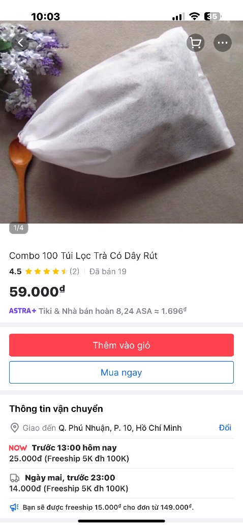 Không đúng như hình.hình thì túi to hơn cái muỗng.nhưng thật tế thì nhỏ y như mấy gói trà túi lọc.quá nhỏ