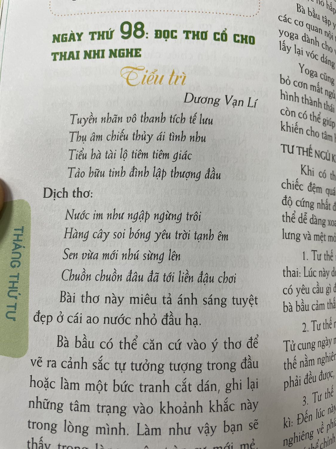 Mình đang đọc ở tuần của thai kì của mình thì gặp ngay bài thơ cổ Trung Quốc, mình chưa bao giờ thấy thích và cảm được hết ngôn từ trong thơ đó, đó là cảm nhận chủ quan của mình thôi. Nhưng lật tìm một số trang khác thì thấy sách trích dẫn thơ chủ yếu từ 3 nguồn: Các tác giả Trung Quốc,  Nguyễn Lãm Thắng, và Tagore. Sách trình bày đẹp, màu sắc bắt mắt, tuy là mỗi ngày đọc 1 trang nhưng mình nghĩ tốt hơn nên đọc từ những trang đầu chứ không nên xen ngang, vì chỉ 1 trang thì cảm thấy không đủ. Mình chưa tham khảo nhiều sách thai giáo nên chỉ cảm nhận được đến đây.