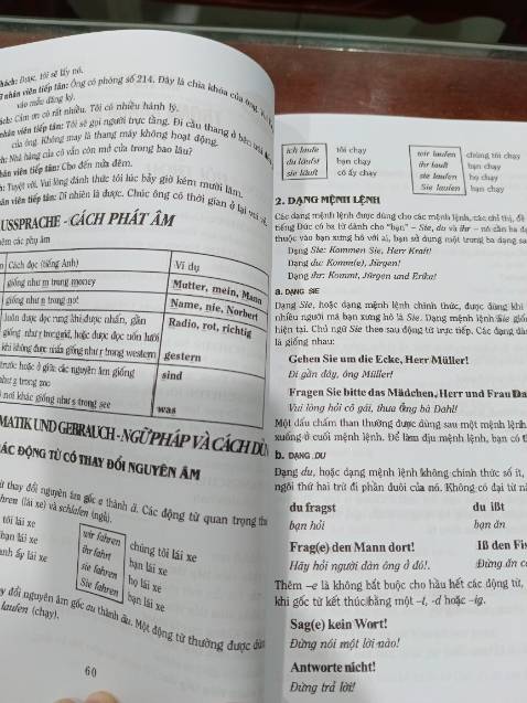 Sách được biên soạn gồm hội thoại, cách đọc từ, ngữ pháp, từ vững và bài tập có đáp án; Bên cạnh đó sách còn kèm theo file nghe. Thích hợp cho việc tự học. Nhưng sách cũng có một số lỗi nhỏ như dịch thiếu, dịch nhầm từ dưới thành từ trên do sự bất cẩn của tác giả. Nếu không quá khắt khe với những lỗi trên, cuốn sách này vẫn là sự lựa chọn tốt cho những ai muốn tự học tiếng Đức. Chủ shop phục vụ nhiệt tình, giao hàng nhanh hơn dự tính.