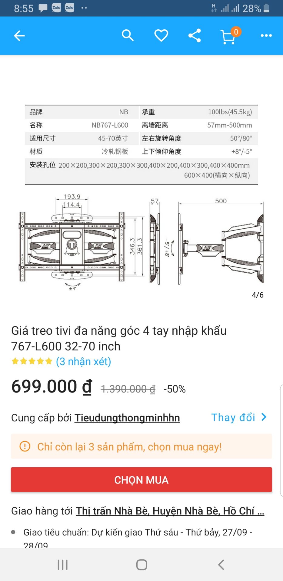 Tôi rất thất vọng về nhà cung cấp DONGSTORE và cả cách tiki kiểm hàng.
Tôi đặt mua model P6, nhưng tiki giao model NB767-L600
Model P6 có khoảng cách lỗ bắt vít >400mm, trong khi model NB767 là 200mm.
Tường nhà tôi yếu không thể chịu tải lớn với khoảng cách bắt vít quá gần như vậy.
Đó là lý do tôi chọn P6 của DONGSTORE thay vì NB767 với giá rẻ hơn từ nhà cung cấp khác (vd NB767 có giá 699k từ tieudungthongminh). 
Tôi đã thanh toán trước ngay khi đặt hàng, và bây giờ tôi không thể sử dụng sản phẩm nhận được.
Tôi và gia đình là khách hàng thường xuyên của tiki (tiki có thể kiểm tra địa chỉ giao hàng). Mong tiki cải thiện chất lượng để giữ chân khách hàng.