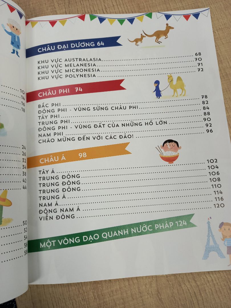 sách khổ lớn, giấy màu rất đẹp, nội dung phong phú lắm, chia theo từng châu lục, phù hợp lứa tuổi 9+, người lớn như mình đọc cũng thấy rất thích.