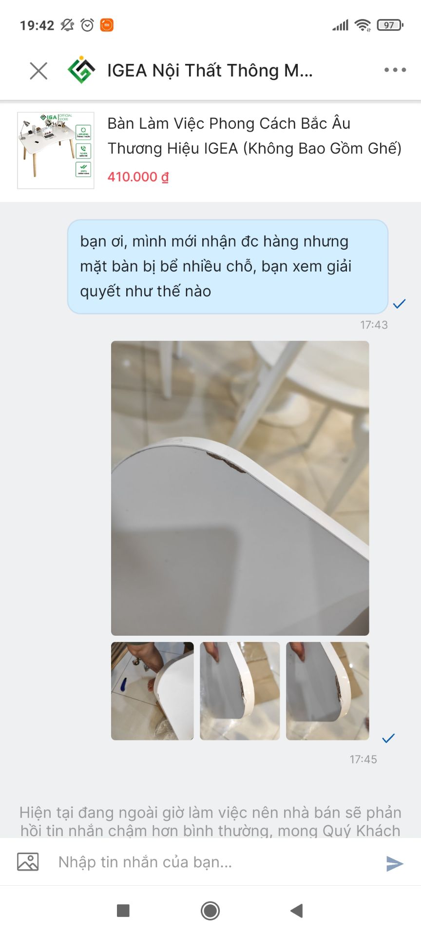 shop giao hàng bị lỗi, vừa hư, vừa cũ. Có 1 cái bàn  mà bị bể bết 3,4 chỗ. Mình đã có hảo ý nhắn tin để trao đổi với shop rồi mà hơn 24h rồi mà ko thèm seen hay phản hồi. đã dịch khó khăn rồi, khách mua đã thanh toán trước mà shop làm ăn ko có chút uy tín gì hết. mn nên cẩn thận với đánh giá trc đó vì ko có tính xác thực gì cả. mình sẽ báo cáo việc này lên tiki để xử lý cho công bằng.