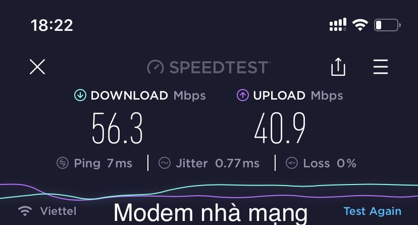 Sản phẩm thật sự rất rất tốt! Đây là quá trình mình *** được khi sử dụng modem nhà mạng và router ở khoảng cách 5m, xuyên 2 lớp tường. Thật sự rất đáng tiền! Mình dùng gói Fast15 của Viettel tốc độ 40Mbps mà *** được gấp đôi băng thông ở sóng 5Ghz. Quá tuyệt! Sản phẩm thật sự rất rất tốt! Đây là quá trình mình *** được khi sử dụng modem nhà mạng và router ở khoảng cách 5m, xuyên 2 lớp tường. Thật sự rất đáng tiền! Mình dùng gói Fast15 của Viettel tốc độ 40Mbps mà *** được gấp đôi băng thông ở sóng 5Ghz. Quá tuyệt!