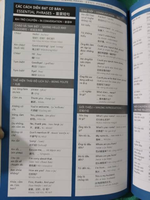*Chất liệu: giấy bóng trơn,mùi giấy thơm nhẹ.
*Kích thước: nhỏ gọn mang theo khi di chuyển rất tiện. 
*Chữ in: hơi nhỏ nhưng vẫn rõ nét. Riêng phần chữ trung nét hơi mảnh nếu đậm hơn nữa sẽ tốt hơn.
***Nội dung sách : TUYỆT VỜI.
1. Từ vựng phổ biến thường sử dụng được phân theo chủ đề.
2. Danh sách động từ thường xuyên sử dụng.
3. List mục lục phía sau cả 3ngôn ngữ đều phân theo bảng chữ cái rất dễ tra từ.
=> Ngày nay tra từ điển bằng internet ko còn xa lạ (mjh chỉ áp dụng nếu muốn nghe phát âm).Nhưng ghi nhớ từ vừng riêng cá nhân mjh vẫn thích cầm sách trên tay nhìn vẫn hiệu quả hơn.