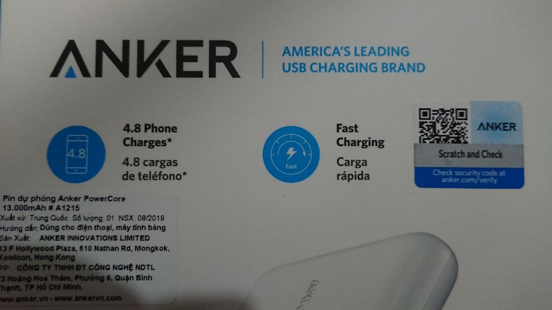 Sạc dự phòng mình mua hôm 02/11 ,giá 480k. sản phẩm cung cấp bởi tiki thì mình khá an tâm nguồn gốc và bảo hành rồi nè. Hàng chính hãng anker sảm xuất t8/2019, mua về sạc 3,5h là đầy 4 vạch. mà cổng vào là micro nên hơi bất tiện cho mình vì mình toàn dùng type c. săn dc sale nên thích nhưng giờ ít thích hơn, không biết làm gì với nó vì đã có sạc dự phòng r.
