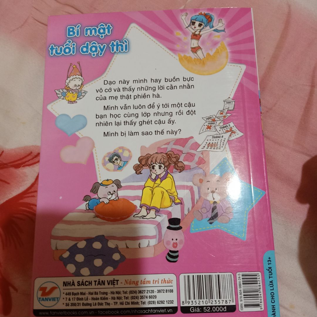 Bìa sách đẹp, sạch, tuy nhiên nét vẽ thì mình không thích lắm. Nội dung phù hợp với các bạn nữ đang tuổi dậy thì, có nhiều thông tin để tham khảo. Các mẹ hãy mua để cung cấp thông tin cho con gái