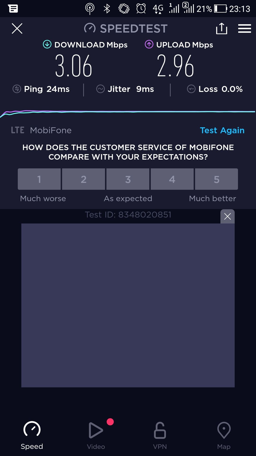 Tốc độ sau khi xài hết 5Gb/ngày rất ấn tượng, khoảng 3 Mbps, xem Youtube 720p ko giật. Tốc độ bình thường cũng ấn tượng, khoảng 15-50 Mbps. Khuyết điểm là ko ổng định, lúc nhanh lúc chậm. Nhưng nhìn chung là giá rẻ và đảm bảo online 24/24 mượt mà. Thế là đủ. Tốc độ sau khi xài hết 5Gb/ngày rất ấn tượng, khoảng 3 Mbps, xem Youtube 720p ko giật. Tốc độ bình thường cũng ấn tượng, khoảng 15-50 Mbps. Khuyết điểm là ko ổng định, lúc nhanh lúc chậm. Nhưng nhìn chung là giá rẻ và đảm bảo online 24/24 mượt mà. Thế là đủ.