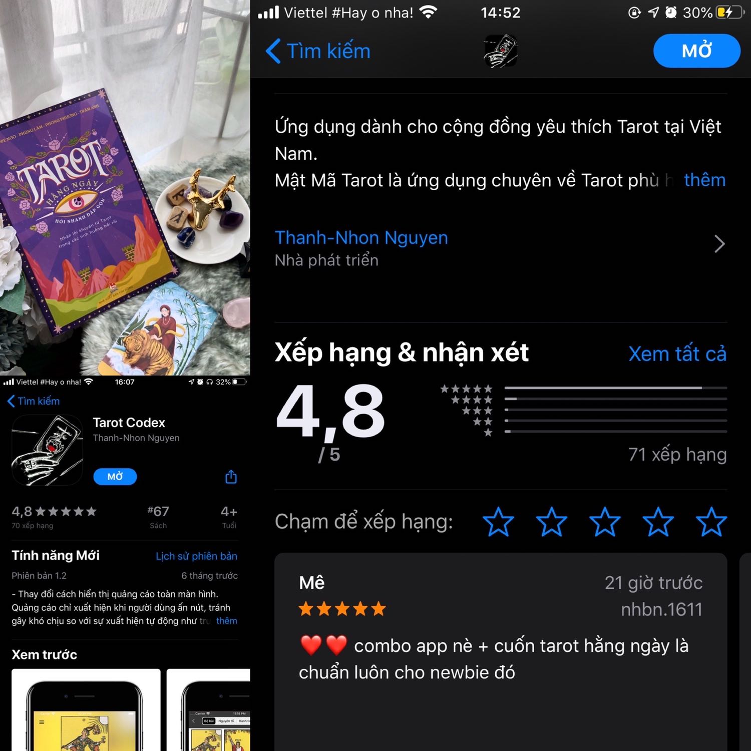 Sách Tarot Hằng Ngày rất cơ bản, nền tảng về các quan điểm về Tarot cho người mới chưa biết gì, trực tiếp không vòng vèo

Ngoài ra, tác giả còn làm App Tarot Codex: 

- dành cho chưa có bài Tarot, có thể từ sách Tarot Hằng Ngày học lên cao hơn với kiến thức chuyên sâu. 

>>> sách + app là combo cần thiết ko thể thiếu.