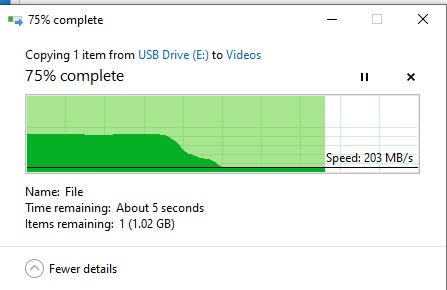 Ngoại hình ổn, dễ gắn chìa khoá
Tốc độ ghi dưới 1GB tầm 55 MB/s, sau 1GB tầm 24MB/s, thua dòng Ultra Flair khoảng 20%
Tuy nhiên tốc độ đọc dưới 1Gb rất cao, max luôn băng thông Sata 500MB/s nên không đo hơn được. Sau 1GB tầm 140MB/s
.Nói chung làm USB Boot ổn. Độ bền thì dùng từ từ sẽ biết Ngoại hình ổn, dễ gắn chìa khoá
Tốc độ ghi dưới 1GB tầm 55 MB/s, sau 1GB tầm 24MB/s, thua dòng Ultra Flair khoảng 20%
Tuy nhiên tốc độ đọc dưới 1Gb rất cao, max luôn băng thông Sata 500MB/s nên không đo hơn được. Sau 1GB tầm 140MB/s
.Nói chung làm USB Boot ổn. Độ bền thì dùng từ từ sẽ biết