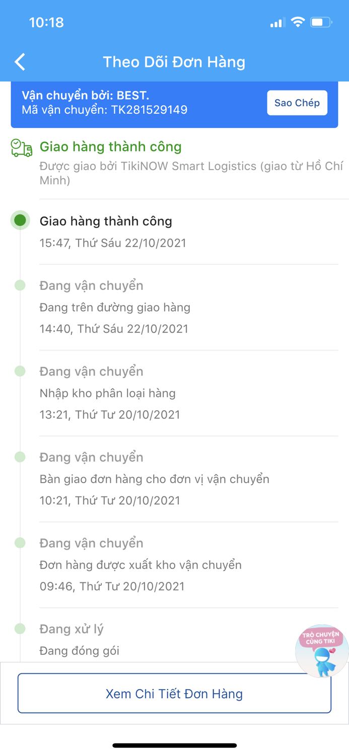 Chất lượng phục vụ của tiki và cả store quá tệ.
Giao hàng gần 2th dù đã thanh toán. Nhắn tin cho store thì báo do tiki giáo. Phản ánh voeis tiki thì cứ rạp khuôn. Rất bực bội. Mình huỷ đơn 5-7 lần ko đc.