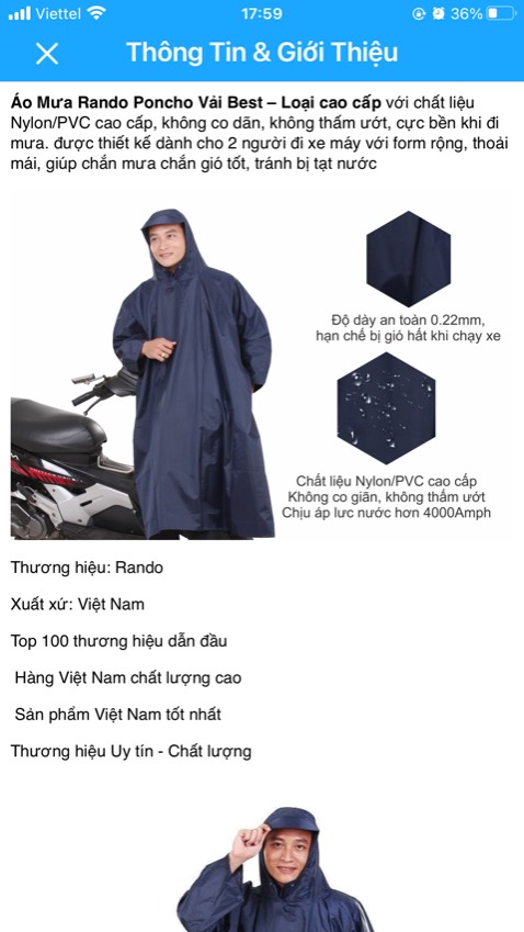 Sản phẩm được giao hàng nhanh. Mh đã dùng áo và thích luôn, đặt mua thêm. Tuy nhiên đọc trong hướng dẫn  tiki dành cho 2 người nhưng lại có 1 mũ khi thực nhận. Không biết bên cung cấp cho đổi sang áo đôi không chứ đọc thông tin thế kia không biết đây là áo 1 mũ cho 1 người.