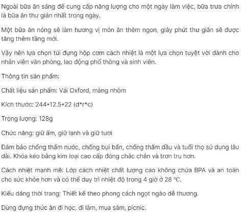 Túi giữ nhiệt hộp cơm tốt , Túi to phù hợp với tất cả hộp cơm , túi đẹp , cute thích hợp cho nữ
Đường chỉ may chắc chắn , thẩm mỹ cao . Mọi người nên chọn hàng chính hãng để mua để tránh hàng kém chất lượng nhé
