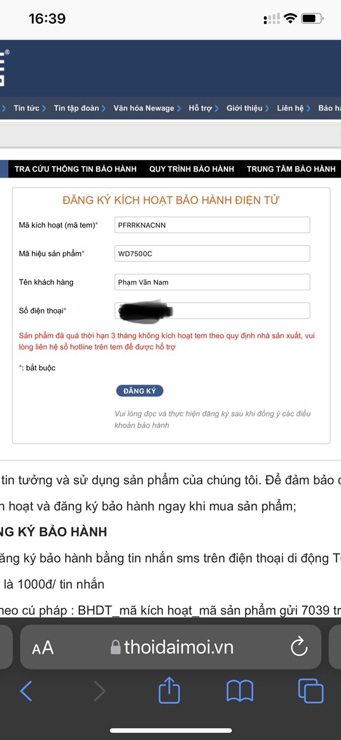 Quá hạn kích hoạt bảo hành 3 tháng