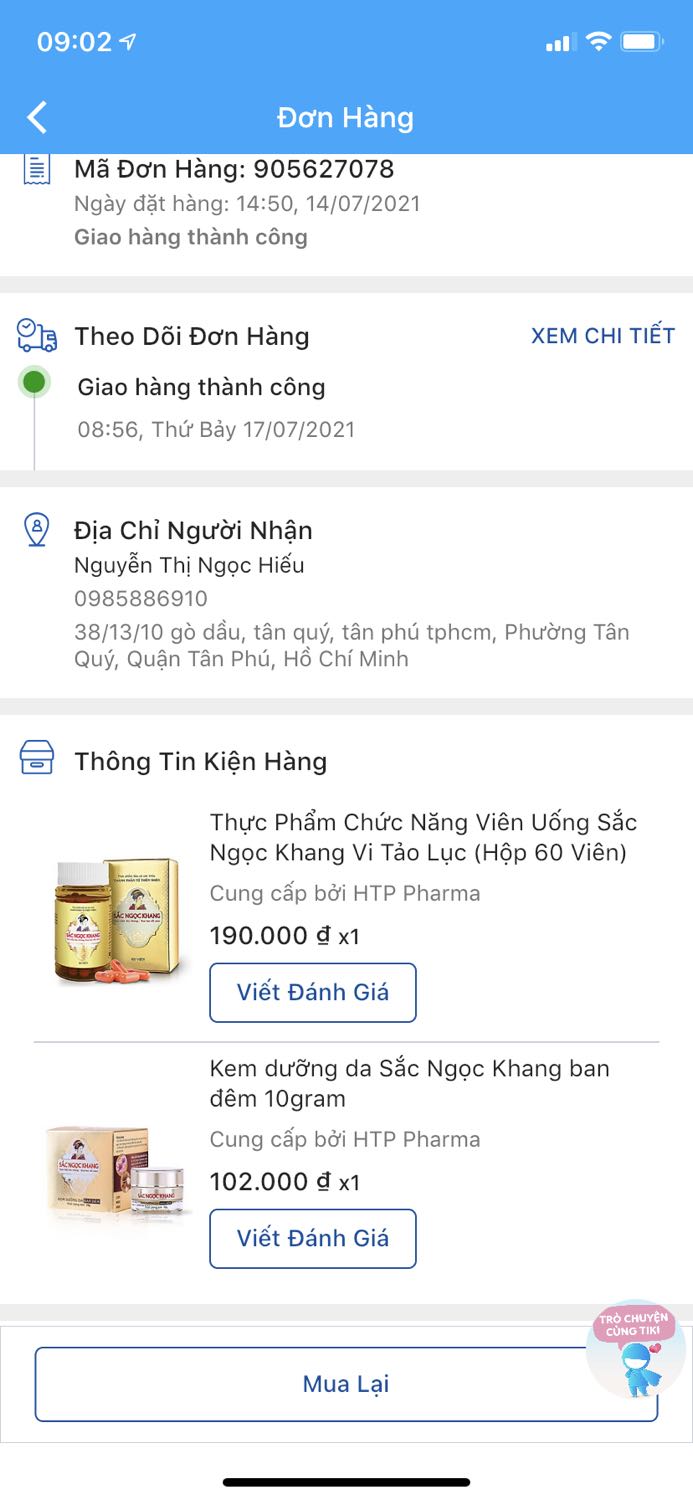 Giao hàng cho mình không đúng đơn mình đặt rồi shop ơi. Mình đặt viên uống sắc ngọc khang và kem dưỡng da sắc ngọc khang ban đêm, tin tưởng giao qua tiki mình thanh toán trước, vậy mà giao cho mình 1 chai sữa rửa mặt và 1 gói mặt nạ, đơn hàng của mình giá trị 292k thì sp theo đơn shop gửi chỉ có 81k. Vui lòng đổi hàng lại giúp mình đi, mình có chụp kèm đơn hàng gửi shop xem đó, kinh doanh trên sàn TMĐT thì nên uy tín, ko nên như vậy đâu shop ạ