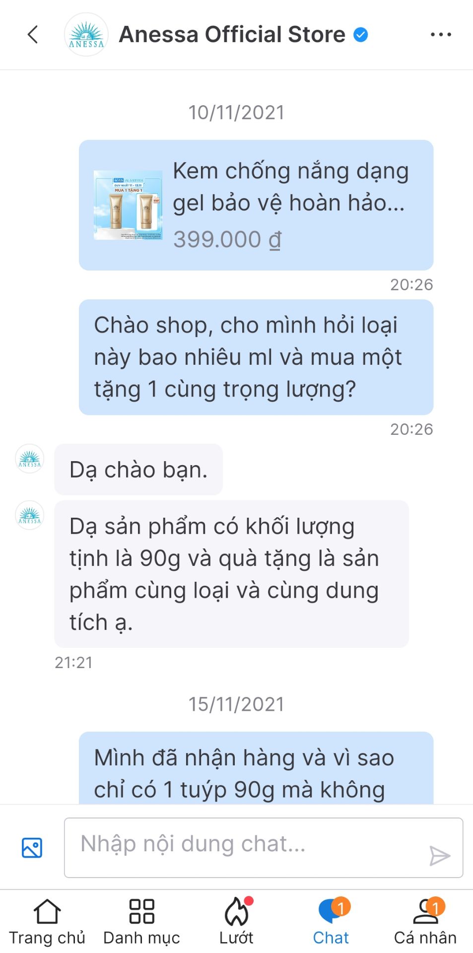 Là thương hiệu lớn mình tin dùng 3 nằm nay, mình mua hàng từ nhiều nhà bán khác nhau và lần này mua chính thức từ nhà Anassa Official và bị gạt. Nhà bán đưa chương trình khuyến mãi trong thời gian từ 11-15/11 mua 1 tặng 1 cùng loại, trước khi đặt hàng mình nhắn tin để xác nhận về chương trình và lúc 9h20 ngày 11 mình mua hàng, cuối cùng giao hàng chỉ 1 và cho rằng lúc mình mua đã hết chương trình, nhưng sự thật là sau khi mình đặt mua thì ngày 12 nhà bán vẫn còn show chương trình mua 1 tặng 1 cùng loại và trọng lượng. Lần đầu tiên mình mua hàng mà thất vọng về nhà bán. Mình post để các bạn mua hàng biết và rút kinh nghiệm: khui hàng nếu không đúng thì trả ngay không ngần ngại (mình thương shipper nên mình nhận hàng và nghĩ nhà bán trao nhầm thì mình trao đổi với nhà bán sẽ được giải quyết nhưng không ngờ nhà bán cứ quanh co đủ các kiểu và mình cầm lưỡi dao rồi nên mình thua)