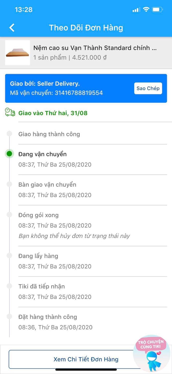 Sản phẩm thì không vấn đề gì nhưng GIAO HANG CỰC KỲ LÂU :11 ngày cho một đơn hàng. Đặt mua từ hôm 25/8 đến chiều ngày 4/9 mới giao hàng, đơn giao ở TPHCM và lúc đầu báo giao trễ nhất là ngày 31/8 ?????. Trong khi ko có cuộc gọi nhỡ, ko có thông tin hoãn giao, gọi tổng đài TIKI thì nói để kiểm tra lại với bên vận chuyển, rồi hỏi khi nào giao cũng ko trả lời được, vài ngày sau mới thấy giao. Mọi người cân nhắc nếu cần mua giao nhanh >