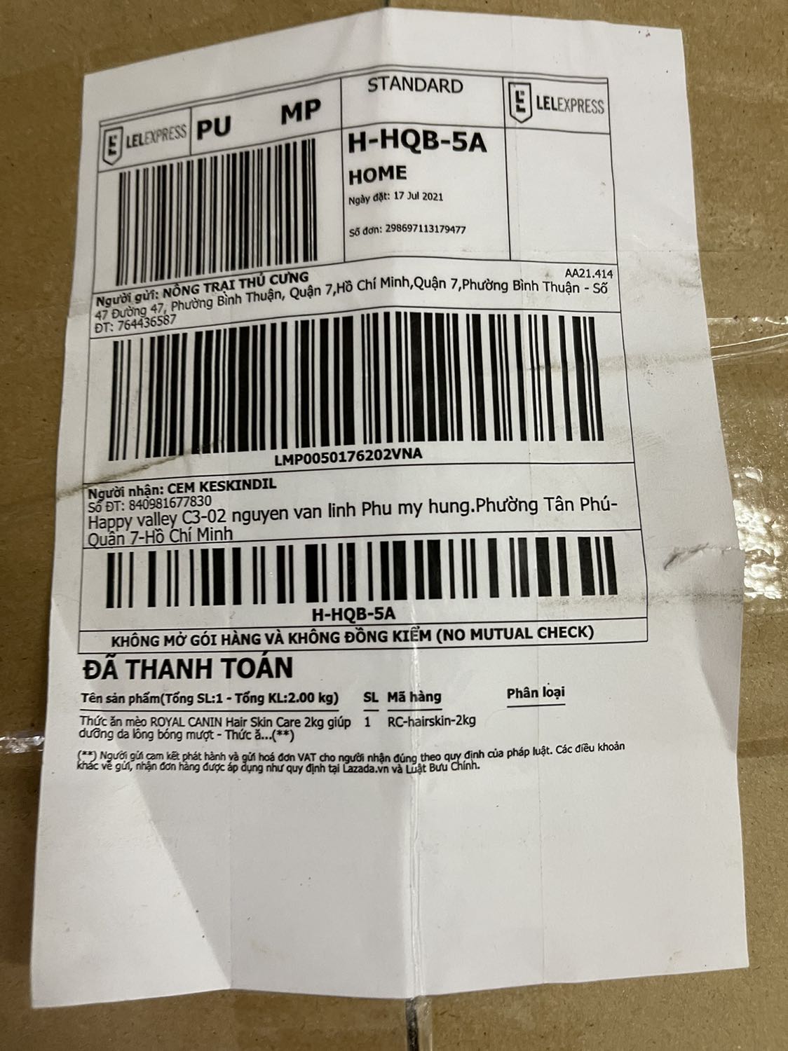 Thức ăn *** mà nhận thức ăn của mèo. Yc nhà cung cấp đổi lại dùm nhé .người nhận cũng khác. Liên hệ với người giao hàng yc đổi lại, không thấy hồi đáp.