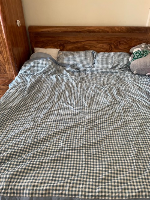 Màu xanh đẹp . Chất vải mát, có nhăn . Chăn cũng khá dày dặn hợp đắp vào mùa hè và thu . Ban đầu tưởng vỏ chăn nhưng nó là chăn luôn . Vỏ gối hơi rộng . Shop mà có vỏ gối ôm nữa thì tuyệt vời . Giá cả phải chăng . Sẽ ủng hộ shop nhiều ạ