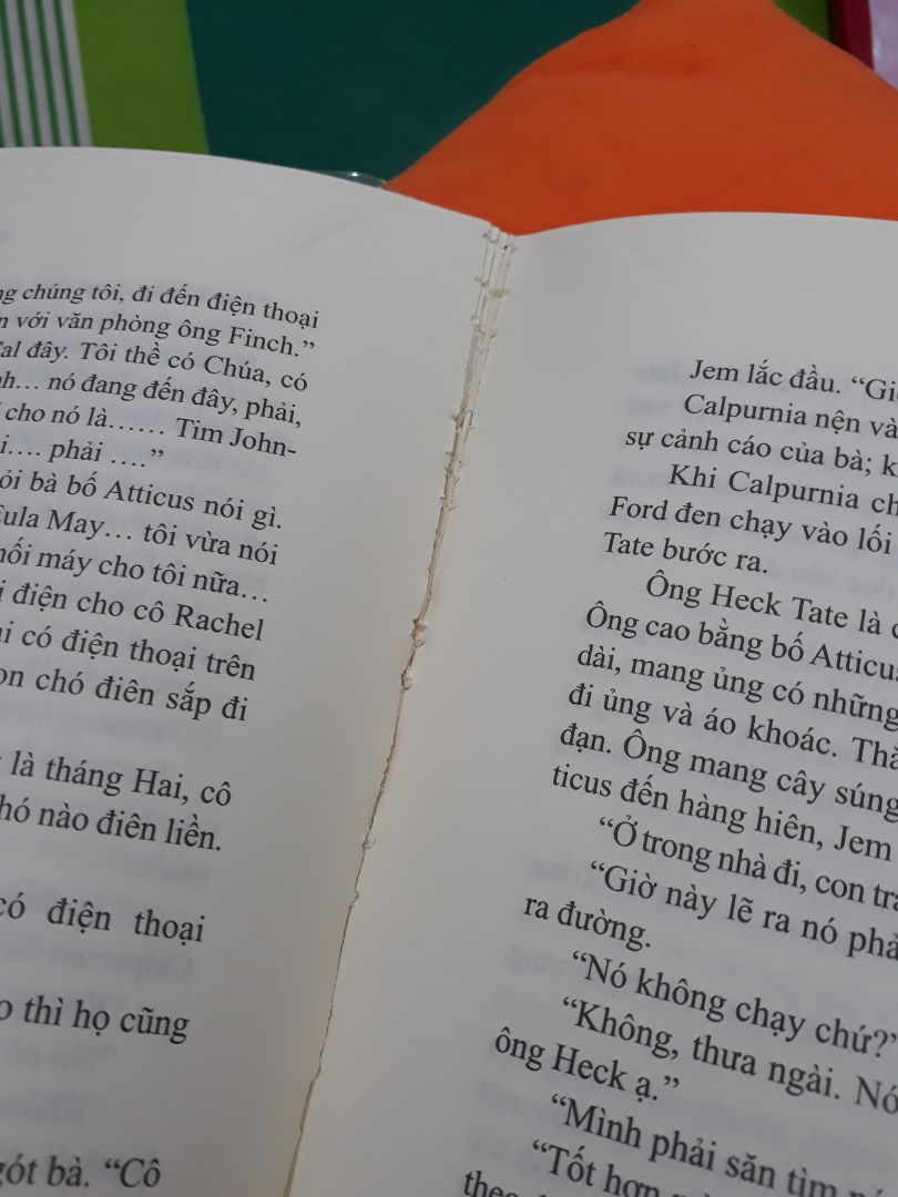 Trang sách bị rách ra khỏi gáy, sau một hồi mình đọc, dù rất nhẹ nhàng nó vẫn bị rời ra luôn. Vài trang sách còn bị dính lại vào nhau trên đầu. Về phần nội dung, lỗi type rất nhiều gây khó khăn khi đọc. Mình rất thất vọng về sản phẩm này.